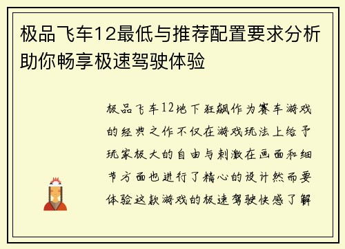 极品飞车12最低与推荐配置要求分析助你畅享极速驾驶体验